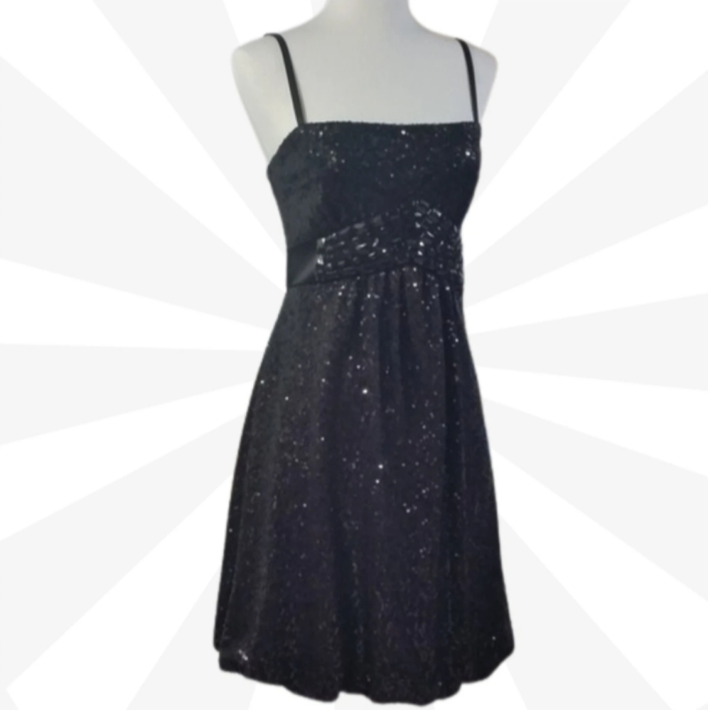 Jessica McClintock Black Little Dress Size 6P Faux Stones Empire Waist Sequin